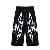 Black White Flame Graphic Loose Drawstring Street‑Wear Pants
