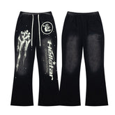 Street Style Skull Letter Print Elastic Waist Flared Pants