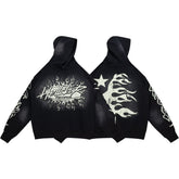 Dark Street‑Style Back Flame‑Star Graphic Oversized Hooded Sweatshirt