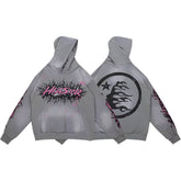 Y2K Gothic Street‑Wear Grey Hoodie Double‑Sided Graphic Drawstring Pullover