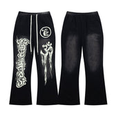 Black Gothic Embroidery Loose‑Fit Flare Casual Sweatpants