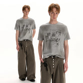 A PUEE Street Retro Rascal Handsome Vintage Light Asian Style Short sleeved T-shirt Boxy Fit Short Shoulder Top