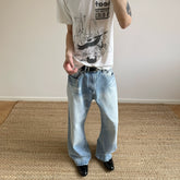 A PUEE American retro cleanfit washed ice blue jeans men's trendy straight tube micro flared versatile slimming pants