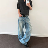 A PUEE American retro cleanfit cat whisker distressed washed jeans men's trendy straight leg micro flared versatile pants