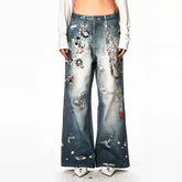 Wang Yiheng, Zhang Jie, Yuan Yiqi, same DND4DESyk cartoon chain wide leg pants design printed jeans