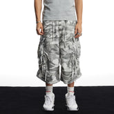 DND4DES hip-hop style street camouflage wide leg cropped pants with multiple pockets, loose straight leg linen shorts