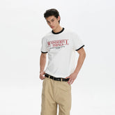 A PUEE retro American letter slogan color blocked short sleeved T-shirt for men and women boxy short shoulder versatile top summer