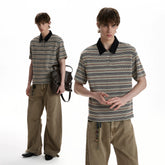 A PUEE retro vintage vintage style striped polo shirt short sleeved T-shirt for men and women boxy short commuting loose top summer