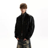 A PUEE American retro texture design PU leather jacket boxy multi pocket silhouette motorcycle suit jacket trendy
