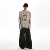 A PUEE retro street style printed thin long sleeved T-shirt for men and women, lazy and cool, loose fitting top, trendy