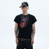 DND4DES Rock punk Rolling Stone Tongue Print Curly Cuff Washable T-shirt American Street Fashion Brand Short Sleeve