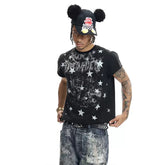Wang Heye The same DND4DES original dark punk star print curled shoulder T-shirt American slim short sleeve