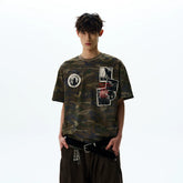 A PUEE American retro vintage made with old patches, embroidered short sleeved T-shirt, vintage style camouflage, cool and trendy top