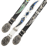 DND4DES Retro Honeysuckle Pattern Carving Western Nail Diamond Contrast Splicing Belt Heavy duty Head Layer Cowhide Belt