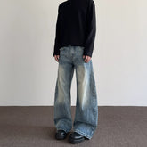 A PUEE American high street clean fit bamboo knot distressed curved jeans men's straight tube slightly flared long pants