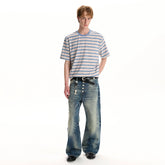 A PUEE retro high intelligence striped short sleeved T-shirt for men and women's cleanfit commuting versatile loose casual top