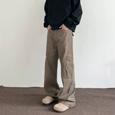 American retro Maillard brown multi pocket workwear jeans men's high street cleanfit straight leg micro flared pants