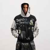 DND4DES American acid font rock portrait print splicing contrasting color Boxy short and wide hooded sweatshirt jacket