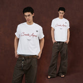 A PUEE Retro American Classic Letter Slogan Printed Short Sleeve T-shirt for Men and Women Commuting Loose Versatile Top Summer