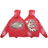 Bright Red Heavyweight Hoodie Retro Flame Letter Print Street‑Wear