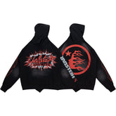 Dark Street‑Style Back Flame Graphic Oversized Hooded Sweatshirt