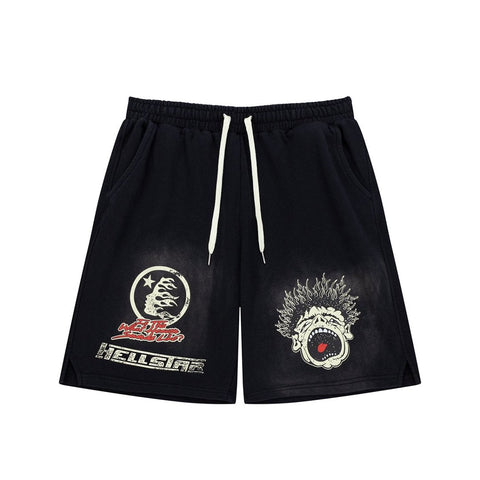Dark Street‑Style Graphic‑Print Drawstring Summer Shorts
