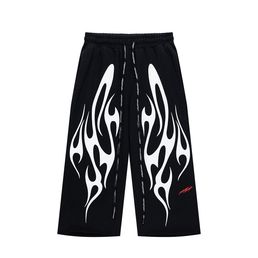 Black White Flame Graphic Loose Drawstring Street‑Wear Pants