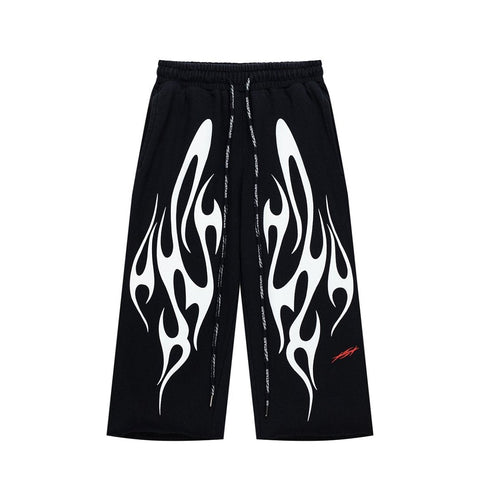 Black White Flame Graphic Loose Drawstring Street‑Wear Pants