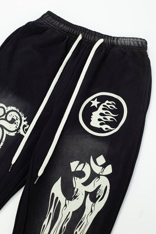 Black Gothic Embroidery Loose‑Fit Flare Casual Sweatpants
