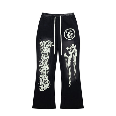 Black Gothic Embroidery Loose‑Fit Flare Casual Sweatpants