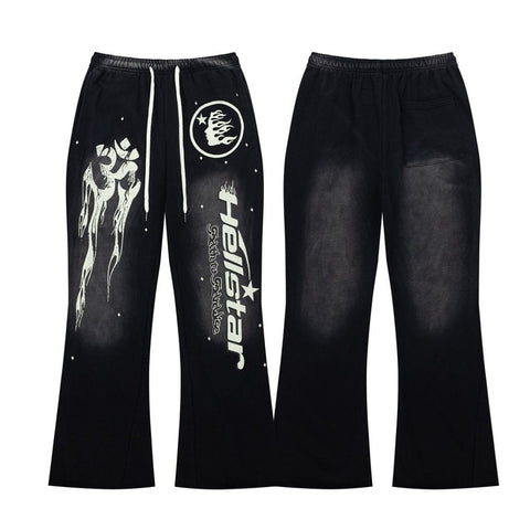 Street Style Skull Letter Print Elastic Waist Flared Pants