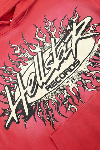 Bright Red Heavyweight Hoodie Retro Flame Letter Print Street‑Wear