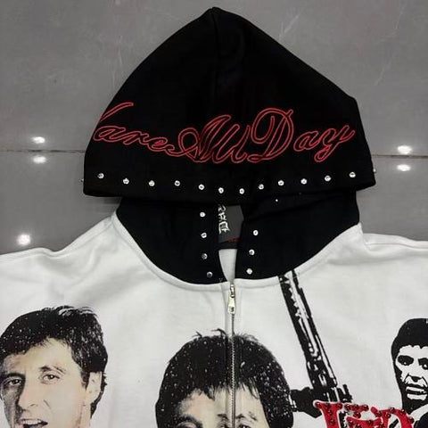 VARE All Day Streetwear Vintage Graphic Zip-Up Hoodie
