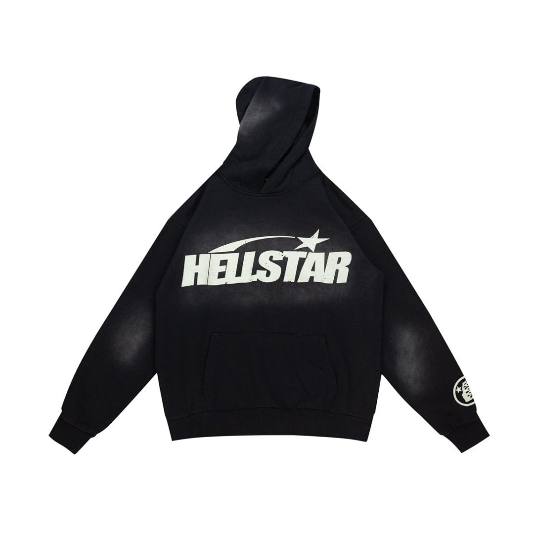 Retro Distressed Print Loose Fit Streetwear Black Hoodie