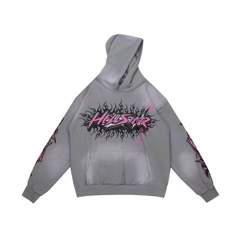 Y2K Gothic Street‑Wear Grey Hoodie Double‑Sided Graphic Drawstring Pullover
