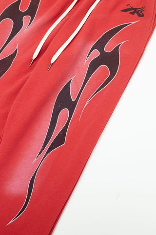 Red Flame Graphic Wide‑Leg Sweat Pants Drawstring Street‑Wear Trousers