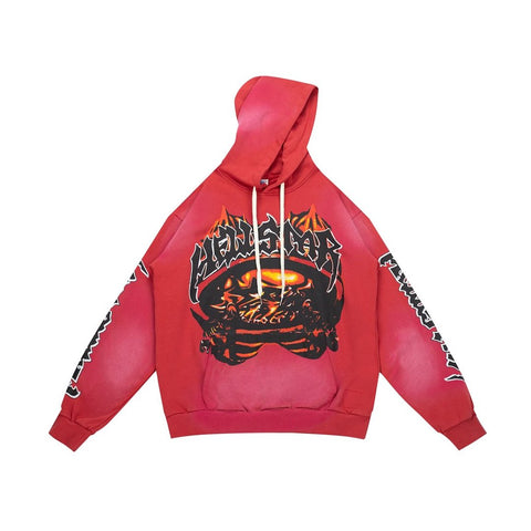 Y2K Gothic Street‑Wear Red Wash Hoodie Drawstring Pullover