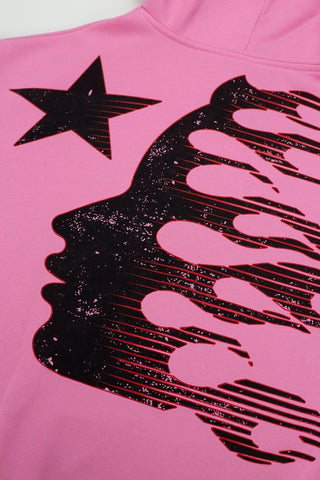 Pink Hellstar Flame‑Star Graphic Oversized Pullover Street‑Wear Hoodie