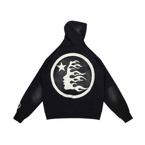 Retro Distressed Print Loose Fit Streetwear Black Hoodie