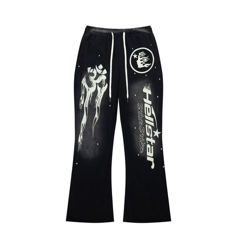 Street Style Skull Letter Print Elastic Waist Flared Pants