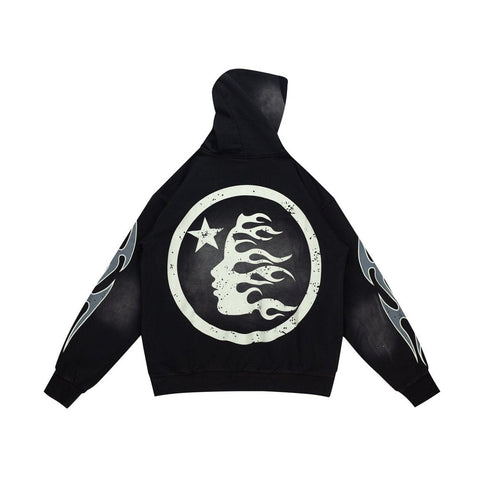 Dark Street‑Style Back Logo Graphic Oversized Hooded Sweatshirt