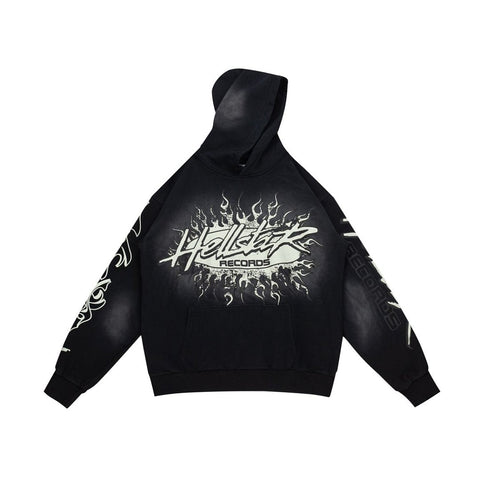 Dark Street‑Style Back Flame‑Star Graphic Oversized Hooded Sweatshirt