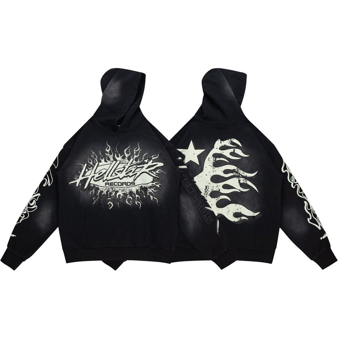 Dark Street‑Style Back Flame‑Star Graphic Oversized Hooded Sweatshirt