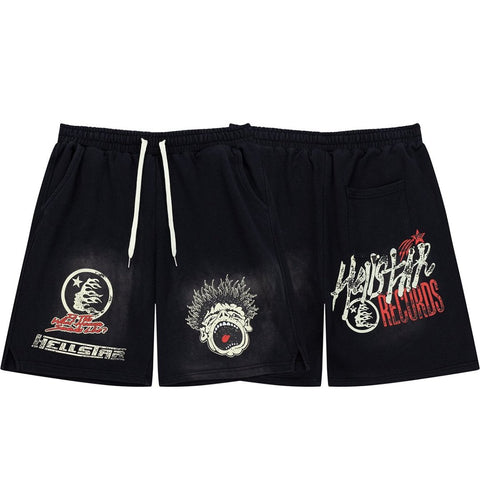 Dark Street‑Style Graphic‑Print Drawstring Summer Shorts