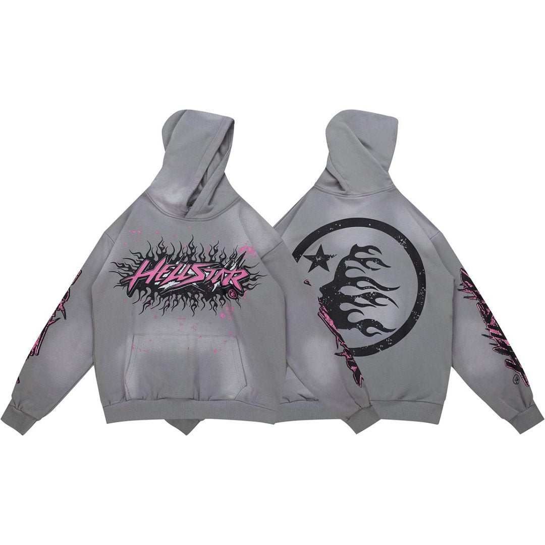 Y2K Gothic Street‑Wear Grey Hoodie Double‑Sided Graphic Drawstring Pullover