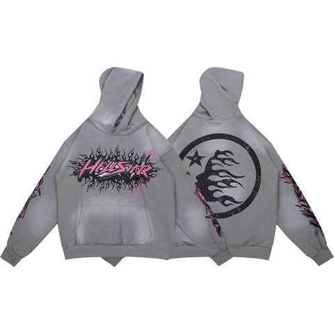 Y2K Gothic Street‑Wear Grey Hoodie Double‑Sided Graphic Drawstring Pullover