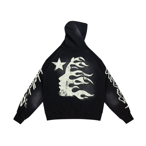 Dark Street‑Style Back Flame‑Star Graphic Oversized Hooded Sweatshirt