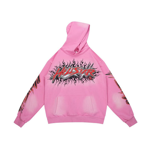 Pink Hellstar Flame‑Star Graphic Oversized Pullover Street‑Wear Hoodie