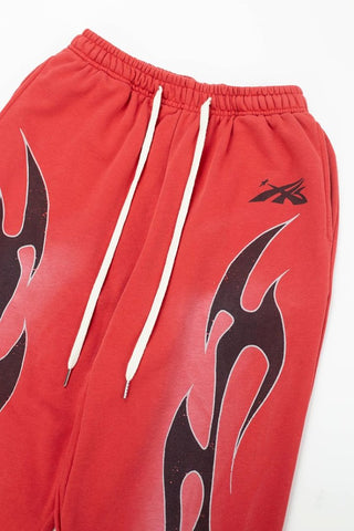 Red Flame Graphic Wide‑Leg Sweat Pants Drawstring Street‑Wear Trousers