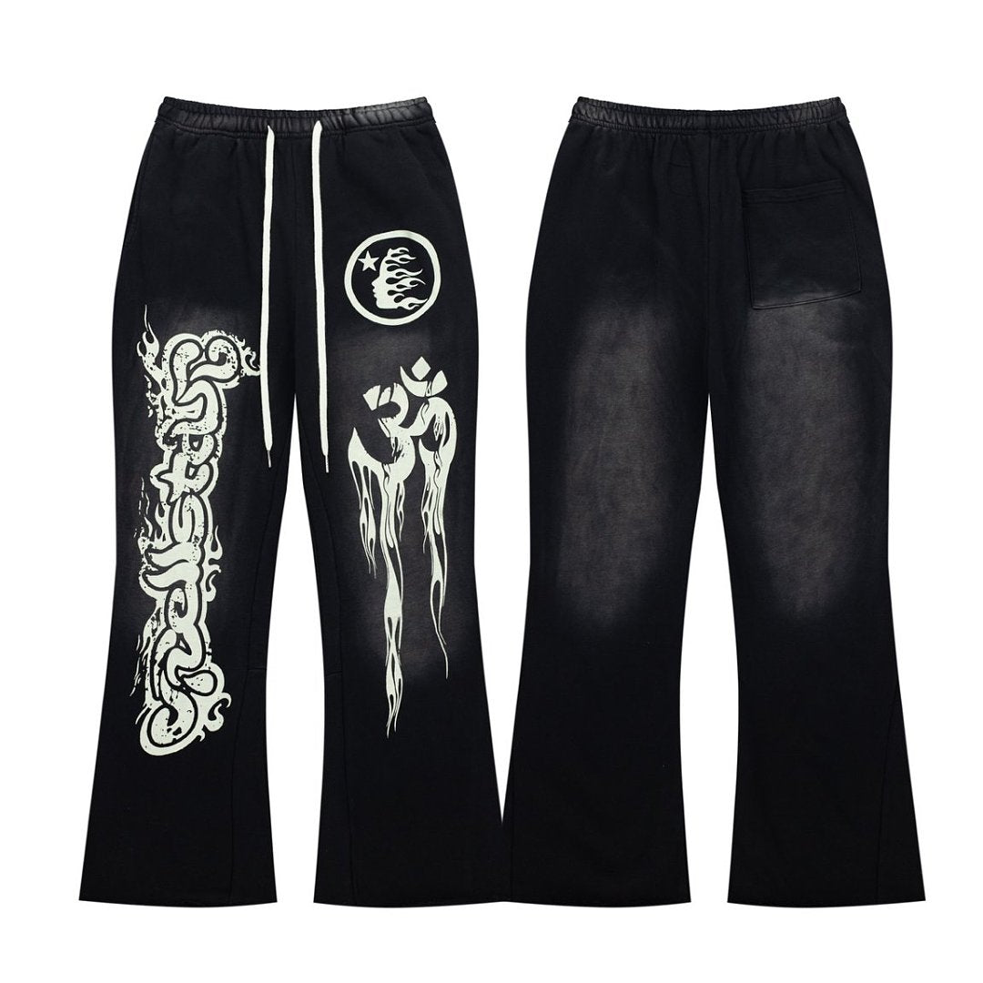 Black Gothic Embroidery Loose‑Fit Flare Casual Sweatpants